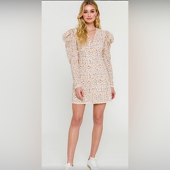 Free The Roses floral eyelet button‎ down puff shoulder long sleeve mini small S - Picture 1 of 14